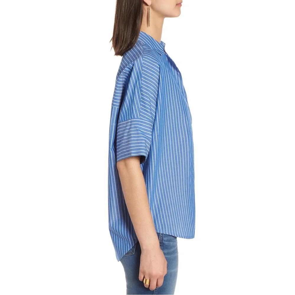 Madewell Blue Striped Courier Button Back Popover Shirt Size M Top Blouse - Picture 3 of 9